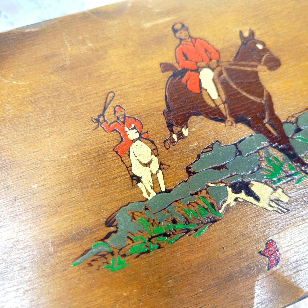 Vintage Wooden Fox Hunt Trinket Box Hand Painted Equestrian Jewelry Mid Century